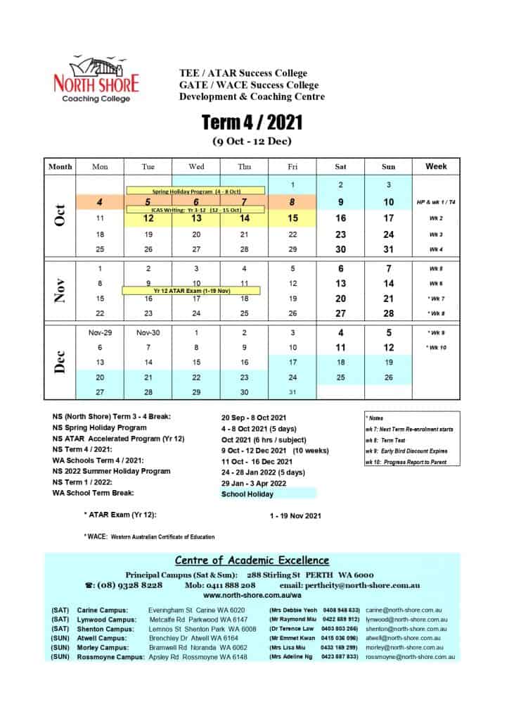 [WA] 2022 Term 1 Calendar North Shore Coaching College