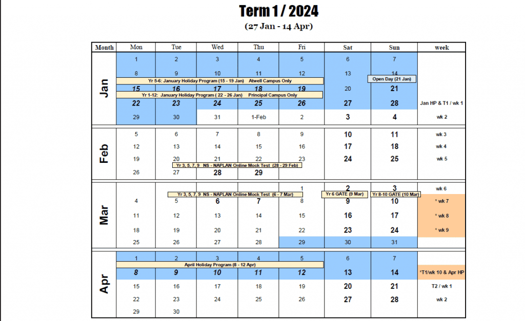 [WA] 2024 Term 1 Calendar North Shore Coaching College